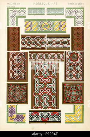 Sorten von Maurischen interlaced Designs von der Alhambra, Granada, Spanien. Grenzt an Mosaik Dados, 1-5, 16,18, Gips Verzierungen an den Wänden 6-12, 14, quadratisch hält 13,15, und Ornament aus der große Bogen in der Halle des Boot 17. Chromolithograph von Francis Bedford von Owen Jones' der Grammatik von Ornament, Quaritch, London, 1868. Stockfoto