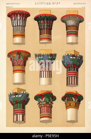 Ägyptischer Schmuck zu Hauptstädten der Spalten, Lotus und Papyrus verlässt. Hauptstädte vom Tempel in Theben Oase 4,7,10, Portico in Edfu 5, Philae Tempel Philae Kolonnade 8,18, 8,9, und griechisch-römischen Form. Chromolithograph von Francis Bedford von Owen Jones' der Grammatik von Ornament, Quaritch, London, 1868. Stockfoto