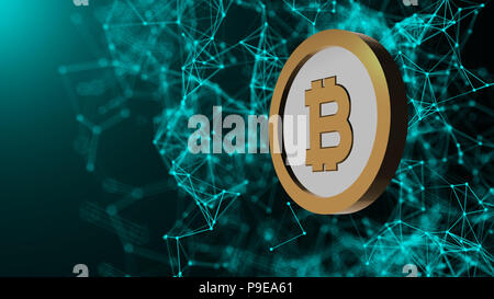 Bitcoin Münze und viele Netzwerkverbindungen, Computer generiert abstrakte Technologie Hintergrund, 3D-Rendering Stockfoto