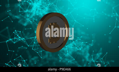 Bitcoin Münze und viele Netzwerkverbindungen, Computer generiert abstrakte Technologie Hintergrund, 3D-Rendering Stockfoto