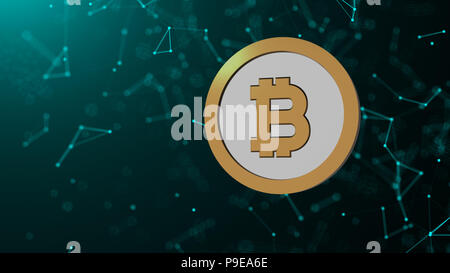 Bitcoin Münze und viele Netzwerkverbindungen, Computer generiert abstrakte Technologie Hintergrund, 3D-Rendering Stockfoto