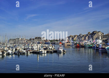 Sportboote und Fischerboote/Trawler im Hafen von Saint-Vaast-la-Hougue, der Manche Abteilung, Normandie, Frankreich Stockfoto