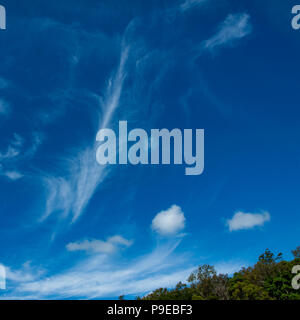 Eine spektakuläre inspirational Bunten atmosphärischen bewölkter Himmel cloudscape mit einem Cirrus Wolkenbildung in der Mitte der blauen Himmel. New South Wales Stockfoto