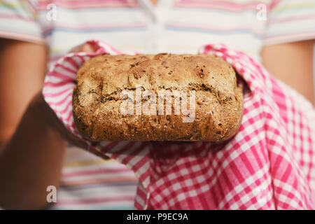 Hausgemachtes Brot mit ganzen-Mehl von Weizen, Roggen, Buchweizen und Hanf Mehl, Sonnenblumenkerne, Fenchel Samen und Nüssen Stockfoto