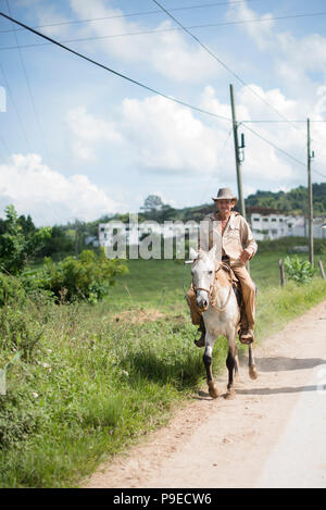 Ein Mann reitet auf einem Pferd durch die Stadt in Viñales. Stockfoto
