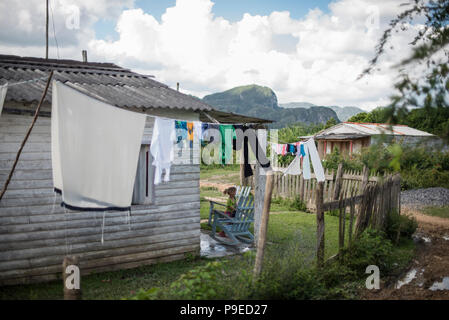 Kleidung hing im Hinterhof eines Bauernhauses in Viñales, Kuba zu trocknen. Stockfoto