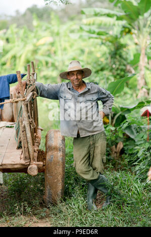 Ein Bauer stellt während der Mittagspause auf einem Tabak Bauernhof in Viñales, Kuba. Stockfoto