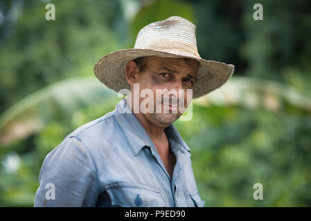 Ein Bauer stellt während der Mittagspause auf einem Tabak Bauernhof in Viñales, Kuba. Stockfoto