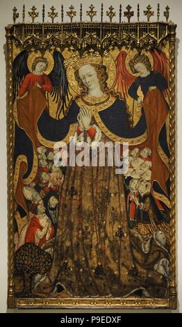 Bonanat Zaortiga (in Saragossa, 1403-1446 dokumentiert). Jungfrau der Barmherzigkeit, 15. Jahrhundert. Die mittlere Verkleidung der ein Altarbild der Jungfrau gewidmet. Schrein der Jungfrau des Carrasca, Blancas (Provinz Teruel, Aragon). National Museum der kunst von Katalonien (MNAC). Barcelona. Katalonien. Spanien. Stockfoto