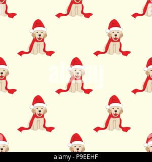 Labrador Retriever mit Weihnachtsmütze Nahtlose auf Elfenbein Beige Hintergrund. Vector Illustration. Stock Vektor
