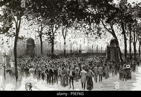 Spanien. Katalonien. Barcelona. La Rambla. Jährliche Festival von La Merce. Stich von J. Passos. 'La Ilustracion Artistica', 1902. Stockfoto