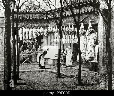 Frankreich. Paris. Metzgerei in Les Halles. Gravur. 19. Stockfoto