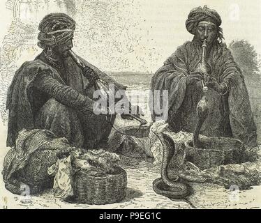 Indien. Schlange charmant durch das Spielen einer pungi. Gravur. 19. Stockfoto