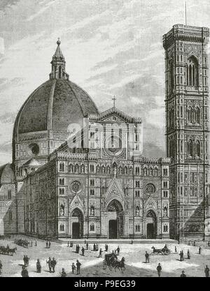 Italien. Florenz. Kathedrale der Heiligen Maria der Blüte (Kathedrale von Santa Maria Del Fiore). Fassade. Kupferstich von Sehers. 'La Ilustracion', 1887. Stockfoto