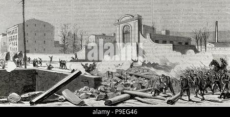 Spanien. Katalonien. Barcelona. Aufstand gegen die Wehrpflicht in 1870. Die Barrikade errichtet am Fuße des Espana Industrial (Stadtteil Sants) ist durch die Truppen angegriffen. Kupferstich von laporta. 'La Ilustracion Espanola y Americana", 1870. Stockfoto