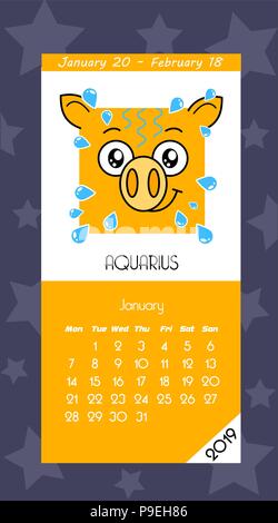 Kalender 2019 mit Horoskop Schilder Sternzeichen Symbole. Flache farbige Abbildung. Woche beginnt am Montag. Stock Vektor