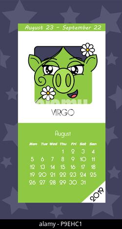 Kalender 2019 mit Horoskop Schilder Sternzeichen Symbole. Flache farbige Abbildung. Woche beginnt am Montag. Stock Vektor