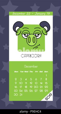 Kalender 2019 mit Horoskop Schilder Sternzeichen Symbole. Flache farbige Abbildung. Woche beginnt am Montag. Stock Vektor