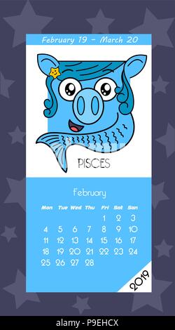 Kalender 2019 mit Horoskop Schilder Sternzeichen Symbole. Flache farbige Abbildung. Woche beginnt am Montag. Stock Vektor