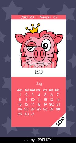 Kalender 2019 mit Horoskop Schilder Sternzeichen Symbole. Flache farbige Abbildung. Woche beginnt am Montag. Stock Vektor