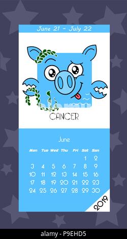 Kalender 2019 mit Horoskop Schilder Sternzeichen Symbole. Flache farbige Abbildung. Woche beginnt am Montag. Stock Vektor