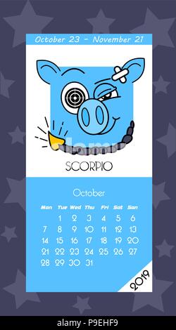 Kalender 2019 mit Horoskop Schilder Sternzeichen Symbole. Flache farbige Abbildung. Woche beginnt am Montag. Stock Vektor