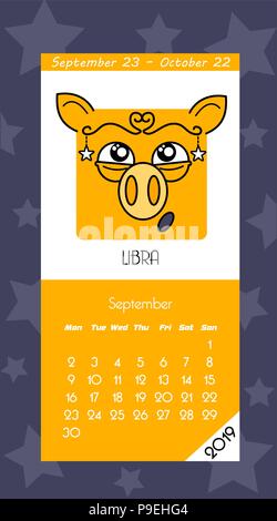 Kalender 2019 mit Horoskop Schilder Sternzeichen Symbole. Flache farbige Abbildung. Woche beginnt am Montag. Stock Vektor