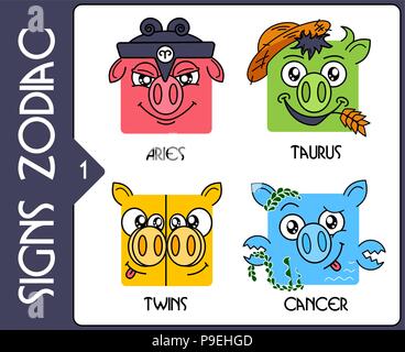 Horoskop Sternzeichen Symbole 2019 Jahr des Schweins. Flache сartoon сhinese Horoskop Symbol. Widder, Stier, Zwillinge, Krebs Sternzeichen isoliert auf weißem Hinterg Stock Vektor