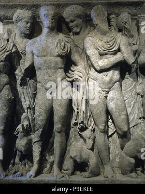 Sarkophag des Hippolyt. Über den Mythos des Hippolyt und Phaedra. Detail. 3. Jahrhundert n. Marmor. Von Tarraco, Spanien. Turm der Pretorius. Nationalen Archäologischen Museum. Tarragona. Katalonien. Spanien. Stockfoto