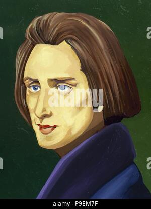 Franz Liszt (1811-1886). Ungarische Komponist und virtuose Pianist. Porträt. Aquarell. Stockfoto