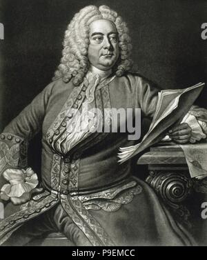 Georg Friedrich Händel (1685-1759). Deutsch, später Britischen, barocken Komponisten. Porträt. Gravur. Auf ein Portrait von Thomas Hudson im Jahr 1749 inspiriert. Stockfoto