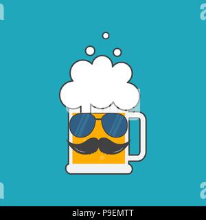 Bierkrug mit Sonnenbrille und einen Schnurrbart. Oktoberfest hipster Poster Design. Symbol Vorlage Logo. Vector Illustration flache Bauform. Isola Stock Vektor