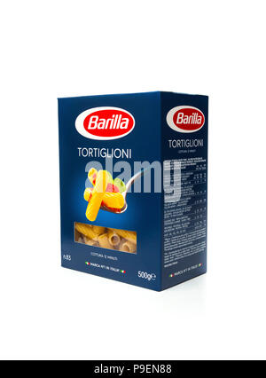 Barilla Tortiglioni Pasta in einer Box Stockfoto