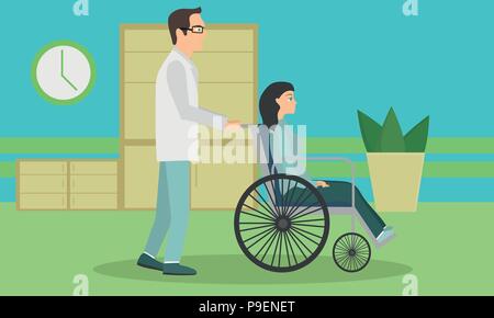 Frau im Rollstuhl aus dem Krankenhaus entlassen werden. Stock Vektor