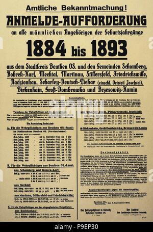 Zweiter Weltkrieg (1939-1945). Die Rekrutierung der Männer aus Oberschlesien von der Wehrmacht Armee stieg zwischen 1941-1944. Plakat von 1943 Förderung der Rekruten aus Bytom (Stadt innerhalb der deutschen Grenzen) und andere Städte in das Reich nach 1939, und Sie darüber informieren, dass ihre Pflicht. Stockfoto