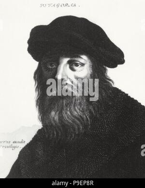 Pythagoras von Samos (570 v. Chr.-495 v. Chr.). Ionic griechischer Philosoph, Mathematiker, und Gründer der religiösen Bewegung namens Pythagoreanism. Porträt. Gravur. Stockfoto