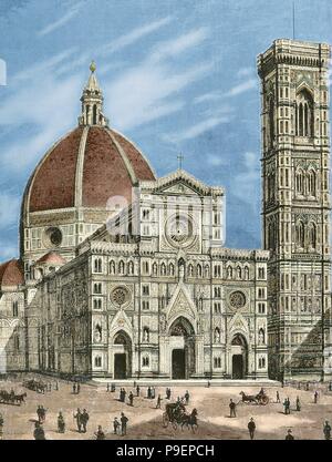 Italien. Florenz. Kathedrale der Heiligen Maria der Blüte (Kathedrale von Santa Maria Del Fiore). Fassade. Kupferstich von Sehers. 'La Ilustracion', 1887. Gefärbt. Stockfoto