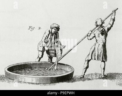 Soap factory. Mischprozess. 18. Encyclopedie von Diderot et d'Alembert. Gravur. Stockfoto