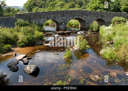 Die East Dart River fließt unter der Stonebridge aus dem Jahr 1780 in der Ortschaft Postbridge, Nationalpark Dartmoor, Devon, England, Großbritannien Stockfoto