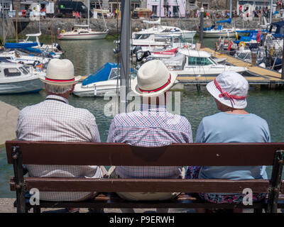 Eine Ansicht der Rückseite drei reife Menschen sitzen auf einer Bank mit Blick auf den Hafen von Padstow an einem sonnigen Sommertag trägt eine Mütze Stockfoto