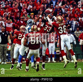 Safety Merton Hanks #36 of the San Francisco 49ers in action.Circa