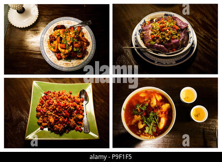 (180717) - NEW YORK, 17. Juli 2018 (Xinhua) - die kombinierten Foto zeigt Kung Fu Garnelen (Top L), Sichuan Stil Auberginen (oben R), Chongqing geschmorter Fisch Eintopf (unten R) und Chongqing spicy Chicken (unten links) durch Cafe China in New York, die Usa, am 5. Juli 2018. Zu Fuß in das Treiben auf der Straße von Midtown Manhattan, Sie können nicht Cafe China bemerken, wenn es nur nicht so viele Menschen warten auf Plätze außerhalb der Chinesischen Restaurant. Obwohl der Platz begrenzt ist und die Einrichtung nicht so luxuriös, Cafe China hat Michelin mit einem Stern in sechs aufeinanderfolgenden Jahren von 2012 bis 2017 gewonnen. Wang Yiming und Z Stockfoto