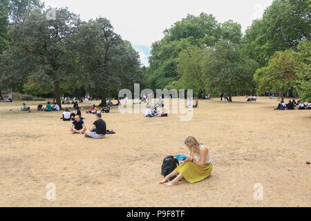 London, Großbritannien. Juli 2018 18. Die Menschen in der gelben Gras an einem schwülen Tag in St. James's Park London durch die Hitzewelle und 42 aufeinander folgenden Tagen Sonnenschein Wetter ohne Gutschrift verursacht entspannen: Amer ghazzal/Alamy leben Nachrichten Stockfoto