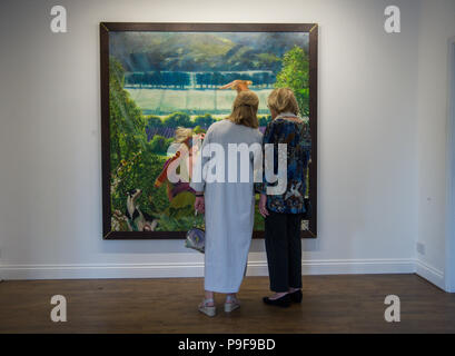 Das Korn Galerie, Sherbourne, Dorset, England. 29. Juni 2018. Das private Anzeigen vor der Enthüllung von André Durand's Allegorien, DURAND DIANA DORSET ALLEGORIEN. Die Allegorien, in St James der Große, Longburton gemalt, sind dem Andenken an Prinzessin Diana gewidmet. Durch die Darstellung der Prinzessin als der griechisch-römischen Göttin Diana, nach dem sie benannt wurde, ist die historische Person verwandelte sich zu einem Mythos. Die esoterische und mythologischen Dimensionen der Allegorien sind weitere hervorgerufen durch die Cerne Abbas Giant und seiner alten Ausrichtung mit dem Sternbild Orion, zusammen mit Stockfoto