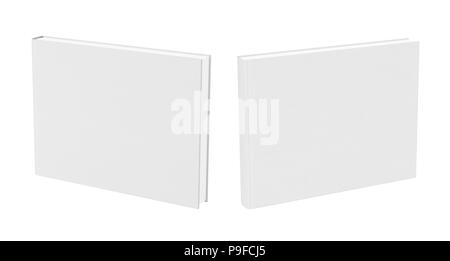 Vorder- und Rückansicht des weißen Blankobucheinblatts mit Stoffstruktur isoliert auf weißem Hintergrund Stockfoto