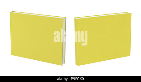 Vorder- und Rückansicht des gelben leerstehenden Bucheinblatts mit Stoffstruktur isoliert auf weißem Hintergrund Stockfoto