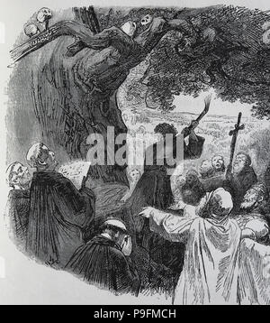 St. Bonifatius (675-754) die Zerstörung des Donar Eiche. Der Missionsarbeit in Germania. Gravur, Germania, 1882. Stockfoto