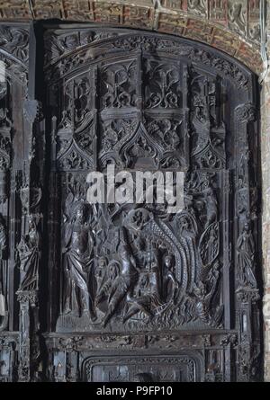 DESCENDIMIENTO DE CRISTO AL LIMBO - las mejores DE LA PORTADA DEL CLAUSTRO - MADERA DE ROBLE - 1495. Autor: Gil de Siloé (C. 1440-1501). Lage: CATEDRAL - INTERIEUR, Burgos, Spanien. Stockfoto