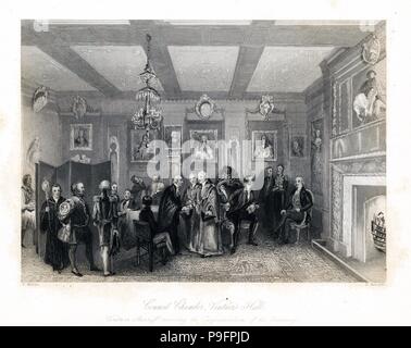 Winzer Sherriff und liverymen im Ratssaal, Vintner's Hall. Liverymen der verschiedenen Reihen in Pelzgefütterten Kleidern. Stahlstich von E.Radclyffe nach einer Illustration von Henry Melville aus London Interieur, ihre Kostüme und Zeremonien, Joshua Mead, London, 1841. Stockfoto