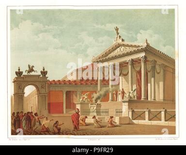 Blick auf den Tempel der Fortuna Augusta, Pompeji. Von Marcus Tullius gebaut. An der Ecke der Via del Foro und Via della Fortuna. Männer und Frauen im Gebet kniend vor ein Opferfeuer auf dem Tempel Schritte. Chromolithograph von D. Capri und Illustration von De Simone von Antonio Niccolini von Pompeji: Ansichten und Restaurationen (Pompeji: Essaies et Restaurationen), durch Zucchi & De Luca, Neapel, 1898 veröffentlicht. Antonio war der Enkel des Architekten Antonio Niccolini Sr. Stockfoto